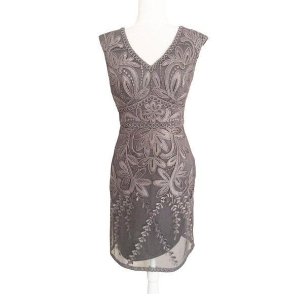Sue Wong Embroidered Mesh Sleeveless Cocktail Dress Size 8 Gray Floral Design - Picture 1 of 14